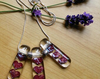 Glass heart necklace, fused glass heart necklace, copper hearts captured in glass, handmade glass pendant necklace.