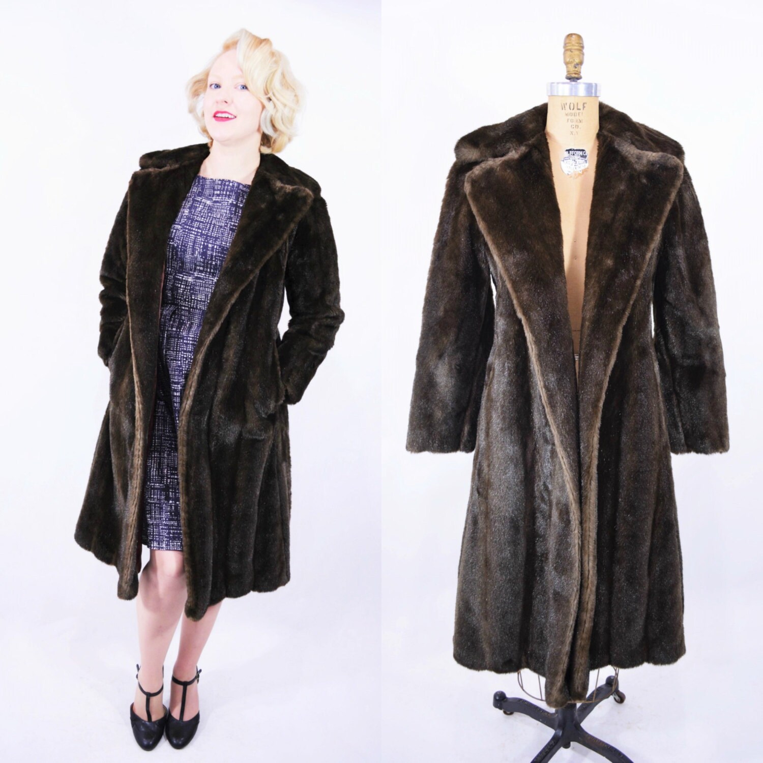 1960s Fur Coat Brown Faux Fur Open Princess Coat Vintage