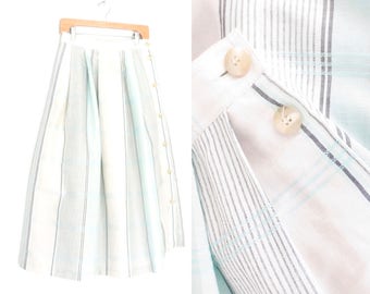 vintage linen skirt * 80s skirt * plaid picnic skirt * 1980s skirt * side button skirt * s / m