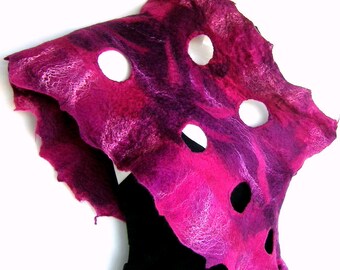 Felted Scarf, Ruffled Wavy, Hot Magenta Fuchsia, With Holes, Merino Wool Felt Scarf