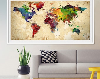 World map push pin, Push Pin Travel Map, Wall Art, World Map, Push Pin World Map, World Map Poster, Home Decor, World Map Print (L12)