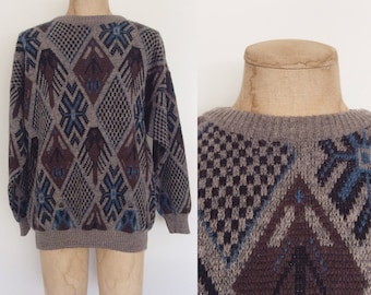 1980's Men's Pullover Knit Sweater Geo Print Size Large XL by Maeberry Vintage