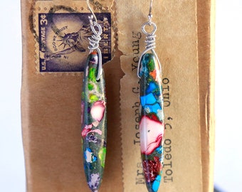 Strung-Out guitar string earrings with Rainbow Variscite