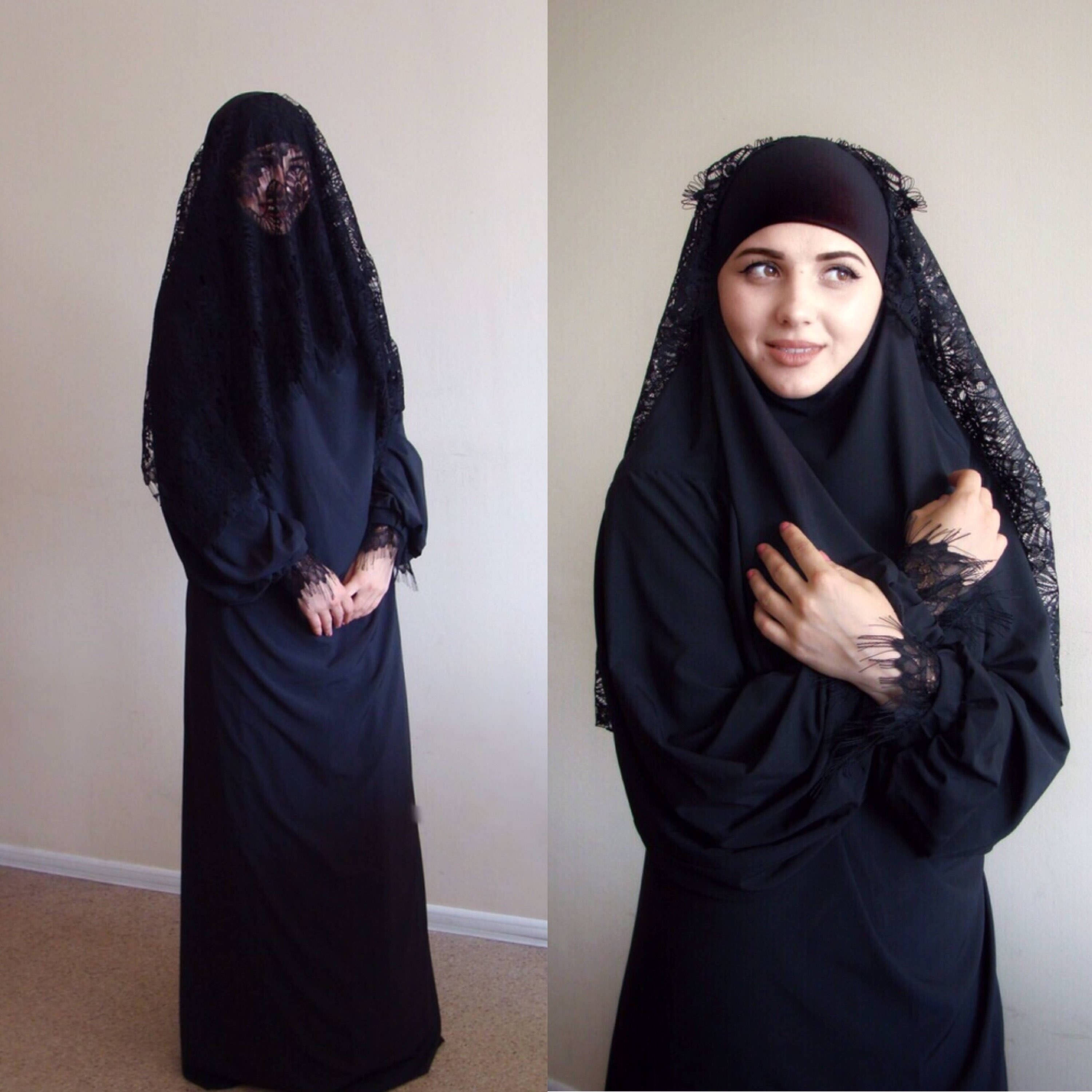 Black Khimar Maxi dress Lace niqab veil  elegant burqa 