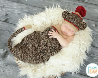 Classic Sock Monkey Hat and Cocoon with Tail for Newborn Babies READY to SHIP Handmade Photo Prop