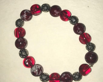 Dark Red and silver Splash bead stretch bracelet