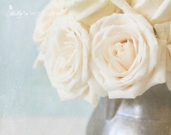 White Rose Photo- Floral Still Life, Rose Photography, White Blue Decor, Floral Wall Art, Farmhouse Decor, Cottage Decor, Feminine Decor