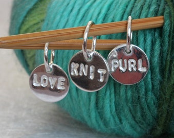 Personalised disc knitting stitch markers | set of 6 | gift for knitters | sterling silver custom knitting charms