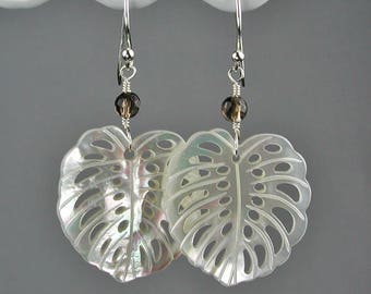 White Mother of Pearl Calla Lily Leaves with Smoky Quartz Dangle Earrings