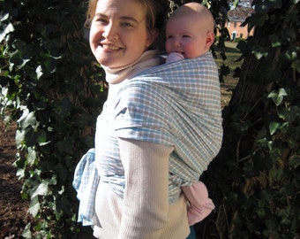 Non Stretchy Wrap Baby Sling Carrier - Lightweight Gray/Aqua Check Cotton - DVD included