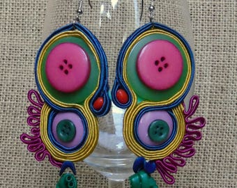 soutache earrings, colourful earrings, hyppie style, button earrings