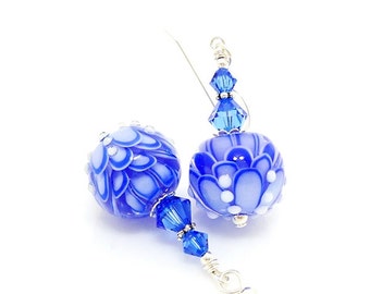 Blue Earrings, Glass Earrings, Lampwork Earrings, Glass Beads Jewelry, Beadwork Earrings, Unique Earrings, Lampwork Jewelry, Lotus Flower