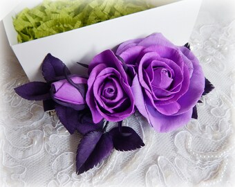 Purple flower hair piece Rose bridal hair clip Purple floral hair comb Purple wedding barrette Bridesmaid hairpiece Lilac bridal hair clip