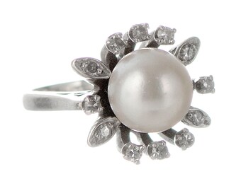 50's Art Modern diamonds & pearl 14k ring