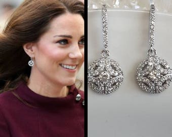 Princess Kate Middleton style small round drop earrings cubic zirconia designer royal family England Duchess of Cambridge