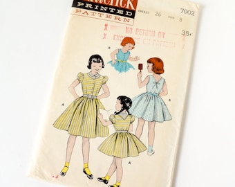 Vintage 1950s Girls Size 8 One Piece Full Skirt Dress Butterick Sewing Pattern 7002 Complete / breast 26 waist 23
