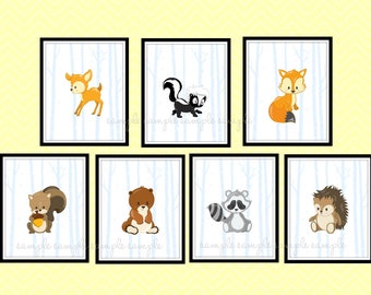 Woodland Nursery Decor, Woodland Animals Printable Wall Art, Deer, Skunk, Fox, Bear, Hedgehog, Squirrel, Raccoon, set of 7
