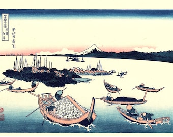Japanese Ukiyo-e Woodblock print, Katsushika Hokusai, "Tsukuda Island in Musashi Province, Thirty-six Views of Mount Fuji"