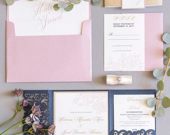 Elegant Formal Navy Blue, Gold Glitter and Blush Lace Laser Cut Pocket Wedding Invitation, Belly Band & Inserts — Different Colors Options