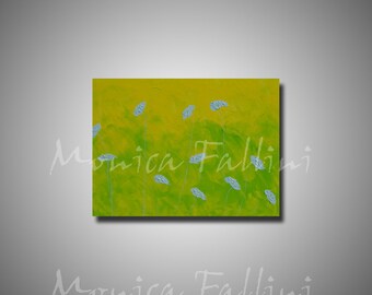 SALE Poppies art original acrylic painting lime lemon colors white flowers modern by Monica Fallini