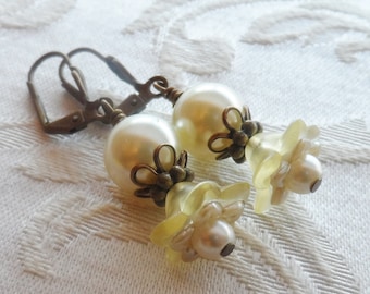75% Off Clearance Sale, Double Blossom Flower Earrings made with Vintage Bead , Yellow, Cream, Pearl, Antique Brass