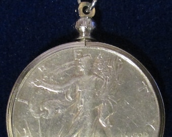 24"sterling silver necklace with coin bezel, Real Walking Liberty 1945 Half Dollar (90% Silver)