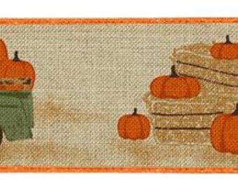 2.5 beige truck w/pumpkin on royal ribbon, ribbon by the roll, wired edge ribbon, wired ribbon by the roll, vintage truck ribbon