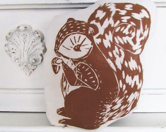 Squirrel Shaped Animal Pillow. Hand Woodblock Printed. Choose Any Color. Made to Order.