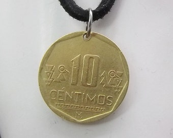 Peru Coin Necklace, 10 Centimos, Coin Pendant, Leather Cord, Men's Necklace, Women's Necklace, 2007