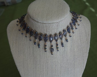 Genuine iolite and freshwater pearl choker and earrings