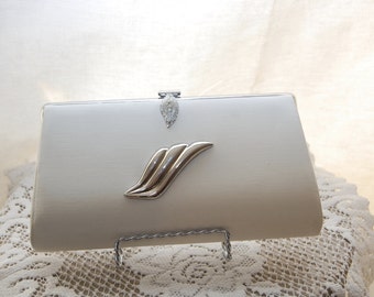Vintage 1950 Evening Bag - White Silver Metallic Purse - Crystal Handbag - Bridal Wedding Prom - Cocktail Clutch