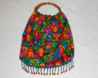 Bamboo Handled Purse Tote Bag Handmade Cats and Kittens With Beaded Fringe