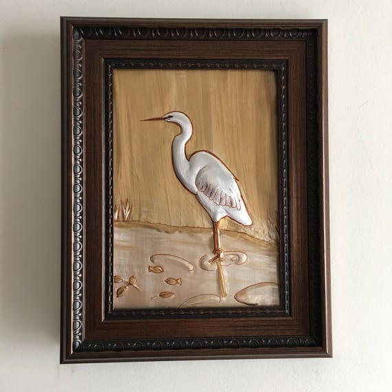 Great White Heron Embossed Metal Art Wall Bird