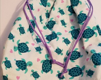Turtle cloth draw string handbag, Flannel, handmade, homemade nylon draw strings, Reversible