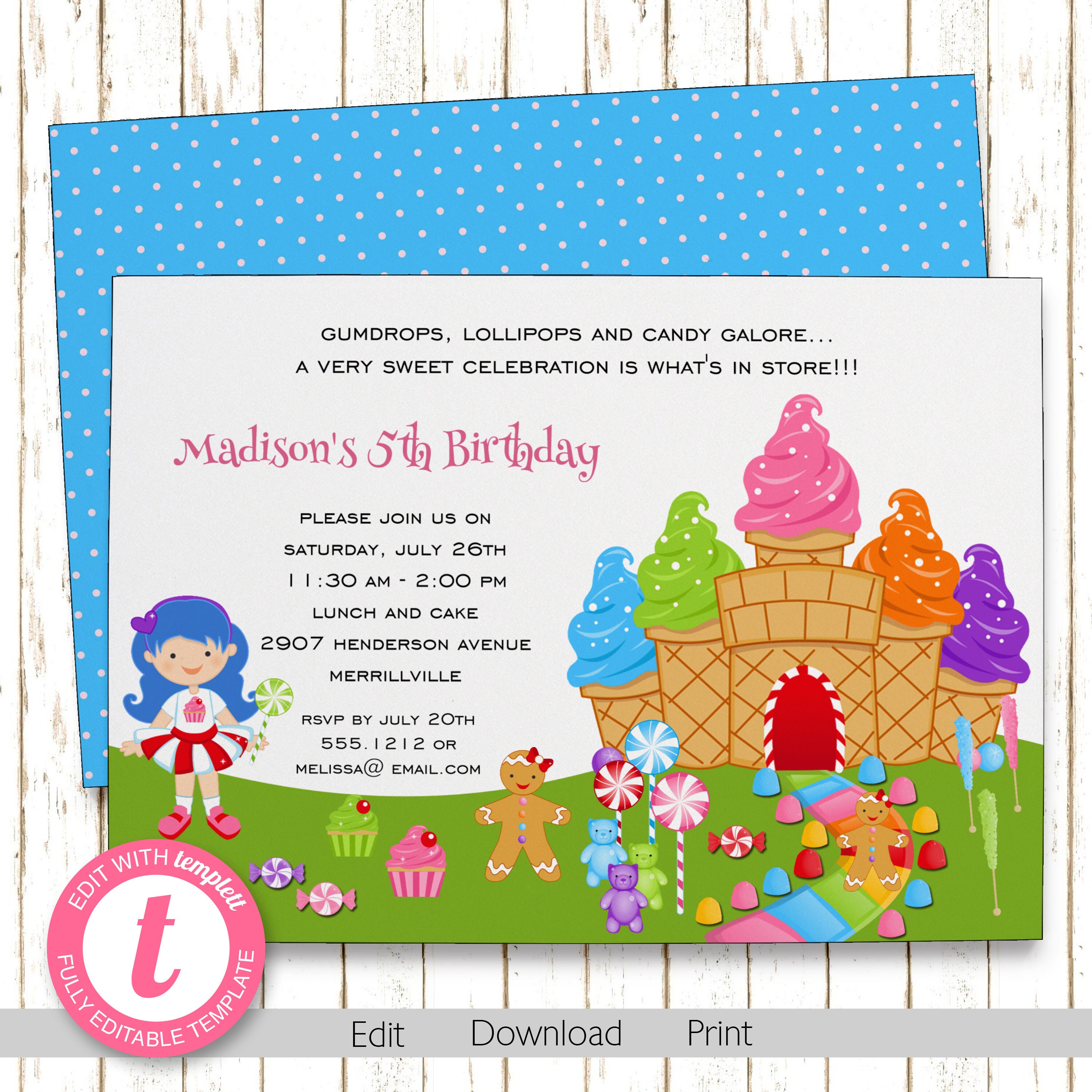 Candyland Invitation Kids Birthday Printable Editable