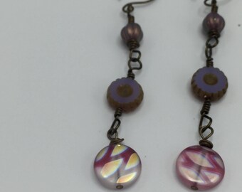 Light Purple Flower and Pink Czech Glass Dangle earrings \\ Boho Shoulder Duster Earrings \\ Spring Earrings