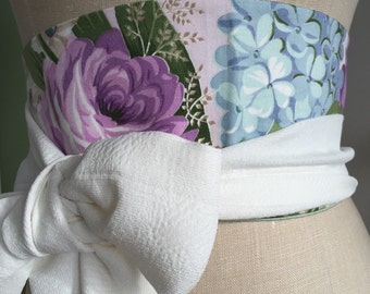 chintz obi belt, reversible spring floral obi sash belt, waist cincher violet blue green , white print cotton hydrangea obi