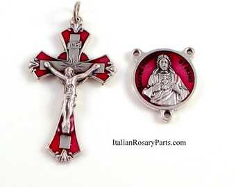 Sacred Heart of Jesus Red Enamel Rosary Crucifix and Center Set | Italian Rosary Parts