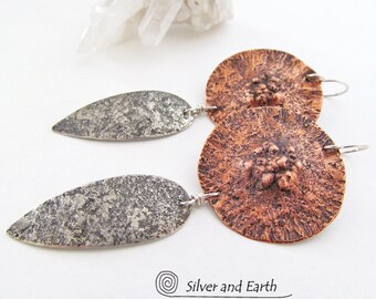 Mixed Metal Earrings, Sterling Silver & Copper Earrings, Long Dangle Earrings, Earthy Organic Jewelry, Bold Earrings, Handmade Metal Jewelry