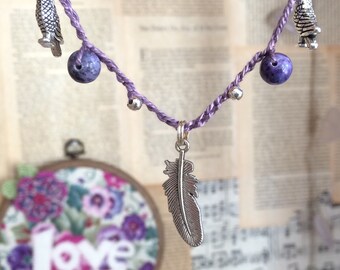 Crochet crow necklace/ feather