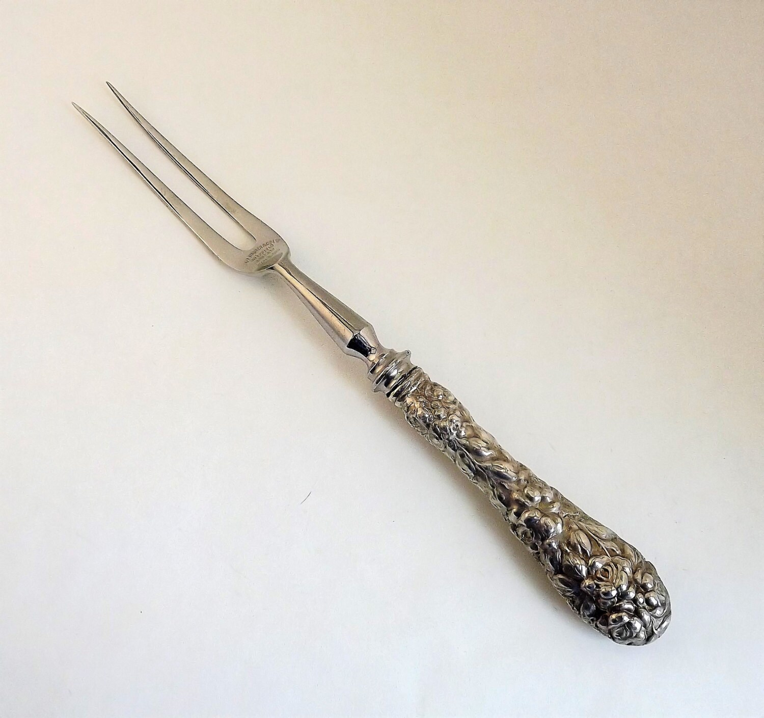 2 Tine Serving Fork Sterling Silver Meat Fork Repousse
