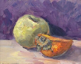 Apple and Persimmon Painting Original Oil Painting 5 x 7"