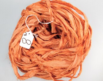 Sari Silk Ribbon, Recycled Silk Sari Ribbon, orange Ribbon, Persimmon sari ribbon, weaving supply, knitting supply, crochet supply