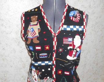 Vintage 90s Ugly Christmas Sweater Party Vest Patriotic Flag Vest Santa Snowman Tacky Gaudy Retro Button Front Sleeveless Womens Small