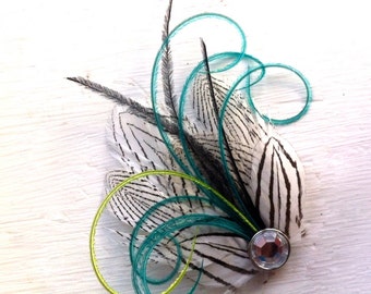 MILA Black and White, Turquoise, and Lime Striped Mini Feather Hair Clip with Crystal, Feather Fascinator