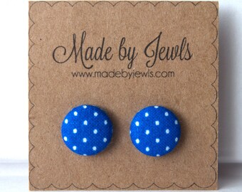 Alice in Wonderland Blue and White Polka Dot Handmade Fabric Covered Hypoallergenic Button Post Stud Earrings 10mm