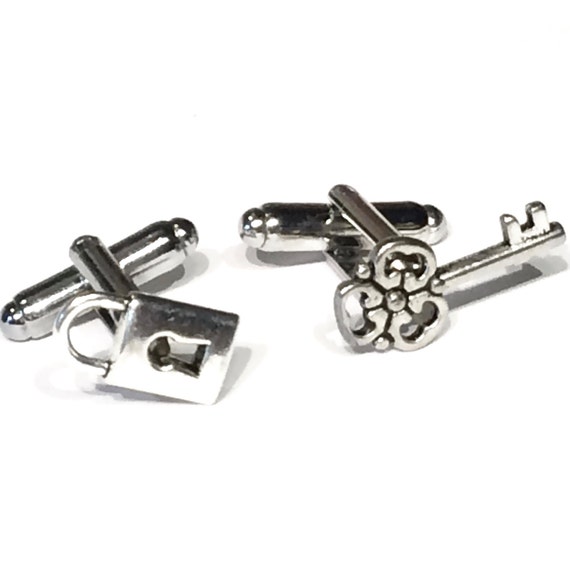 Silver Lock & Key Cufflinks Handcrafted Skeleton Key Padlock