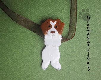 Brittany Dog Spaniel Hangin' On Artist Hand-made Clay Pendant F4