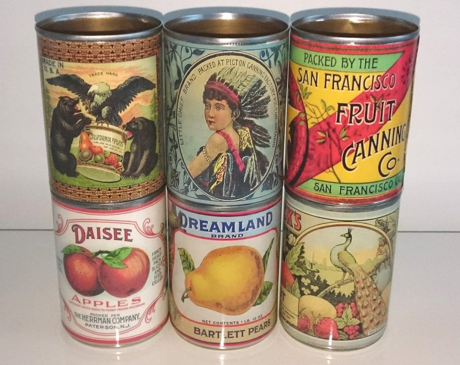 Vintage food tin cans label storage for home cutlery holder