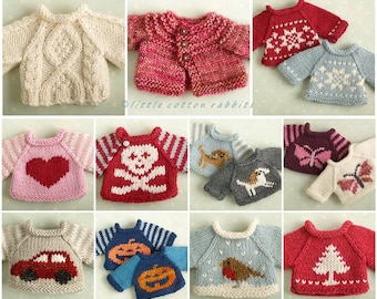 Toy knitting pattern for a seasonal selection of sweaters